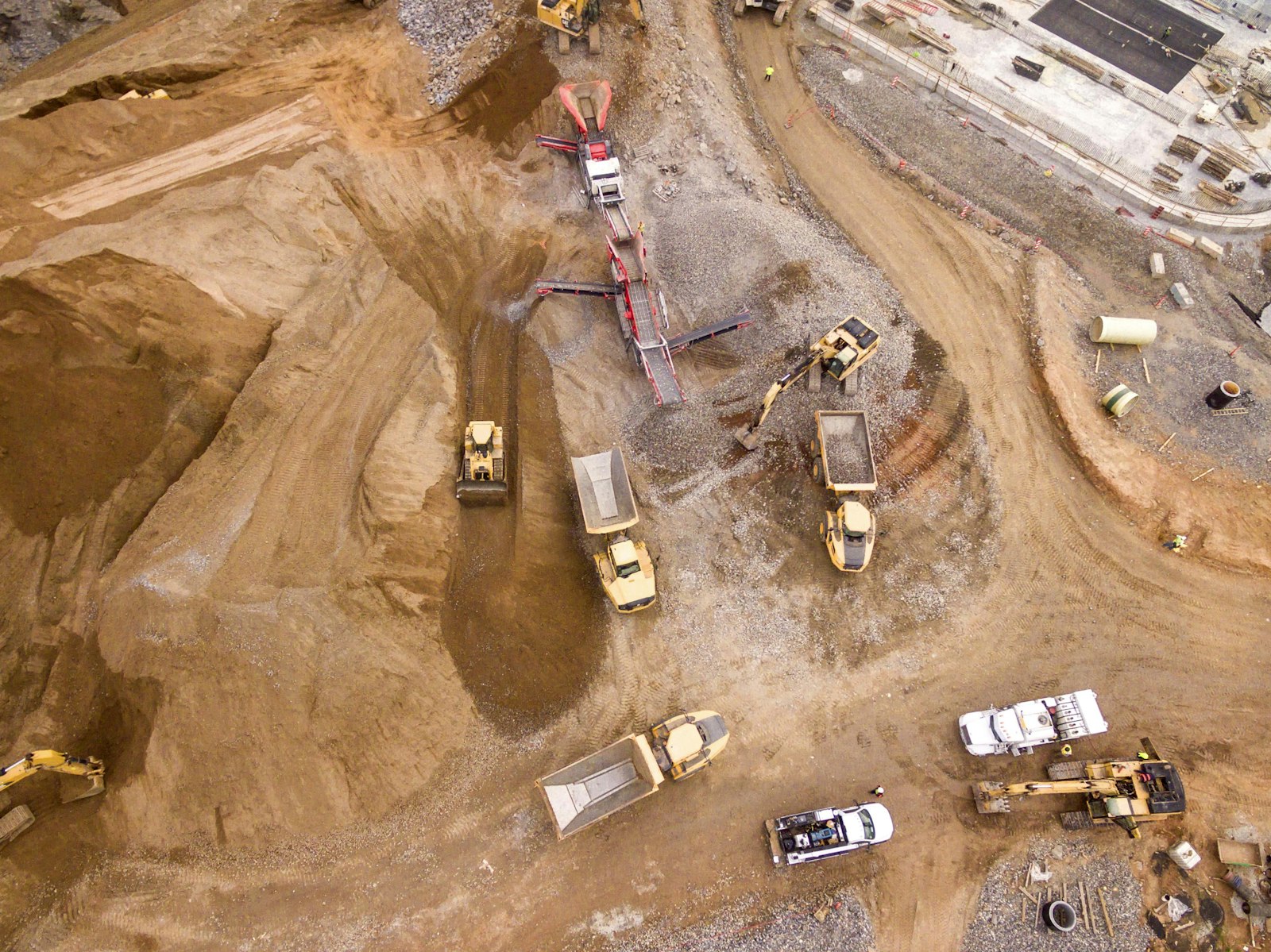 Aerial view of mining trucks
